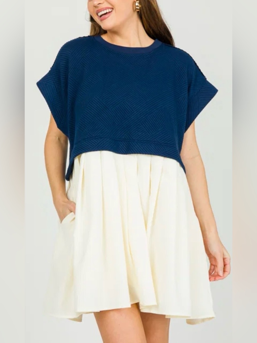 Entro Navy Ribbed Sweater Mini Babydoll Dress-Medium